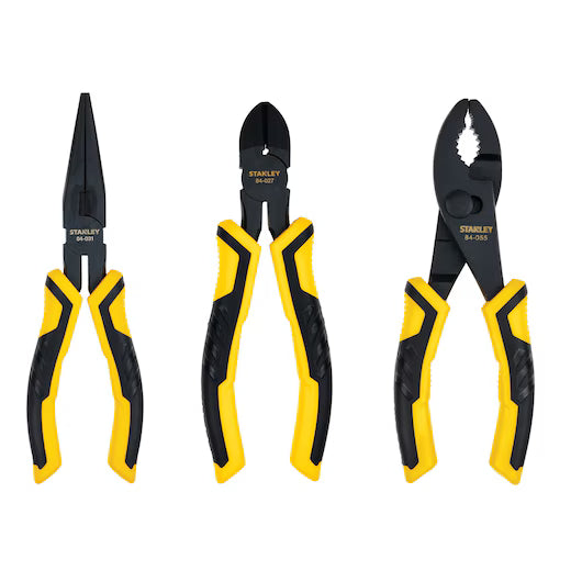 The STANLEY 3 PC BIMAT PLIERS SET, featuring black and yellow ergonomic handles, is arranged vertically with needle-nose pliers on the left, diagonal cutting pliers in the center, and slip-joint pliers on the right.